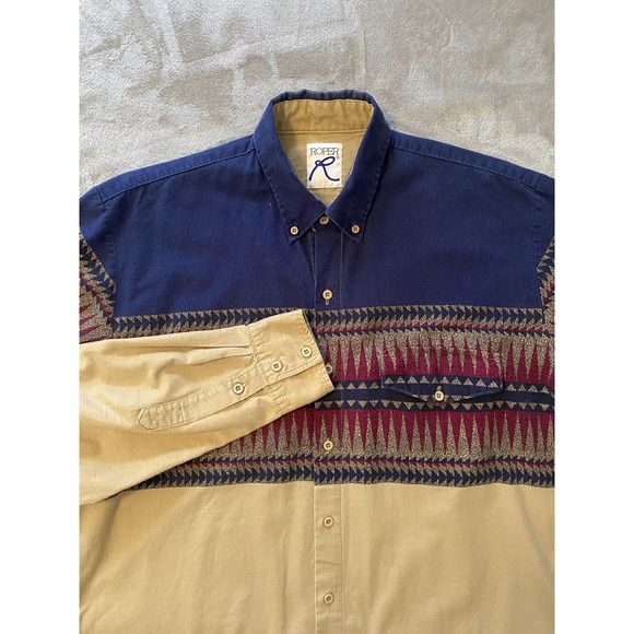 Roper Other - VTG Roper Western Shirt Mens L Beige Navy Southwestern Geometric 90s Cowboy
